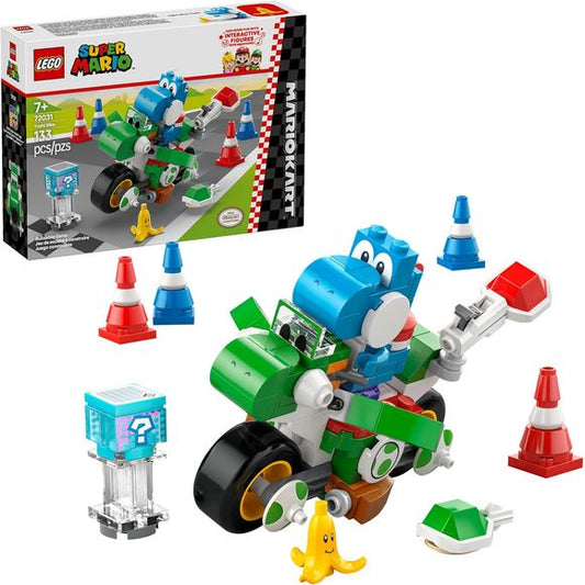 Ready, set, LEGO! Zoom around Cheep Cheep Beach, Sunshine Airport and more with the LEGO Super Mario Kart Yoshi Bike playset for kids (72031). Ride with Yoshi as he zips between traffic cones, swerves around the banana, and launches shells to take down targets. This set includes a model of the Yoshi Bike mounted on a concrete brick, and for the first time in a LEGO Super Mario set, it includes a Light-Blue Yoshi toy. This building kit is an exciting birthday, holiday, or LEGO gift for 7 year old girls and b