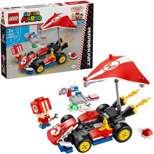 Builders, start your engines! The LEGO Super Mario Kart, Standard Kart (72032) playset is the perfect birthday or holiday present for boys and girls ages 7 and above. Kids will race, drift, and glide through their favorite racetracks in this Mario Kart toy set. This toy car building set includes Toad pit crew toy figures, a detachable super glider, wheels, and a launch function to fire shells at the targets! Features and sound effects including gliding, car drifting, and honking add to the fun and interacti