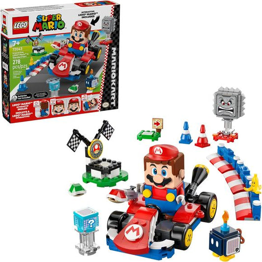 Get ready to team up with LEGO Mario for action-packed Mario Kart races! The LEGO Super Mario: Mario Kart – Interactive LEGO Mario & Standard Kart (72043) building toy brings one of the most recognizable vehicles of the video game series to life with digital play possibilities and iconic accessories to excite fans. Young racers ages 7 years old and up can build the beloved Standard Kart along with an Item Box, three connectible track barriers, two traffic cones, a starting area, and a winners circle to cust