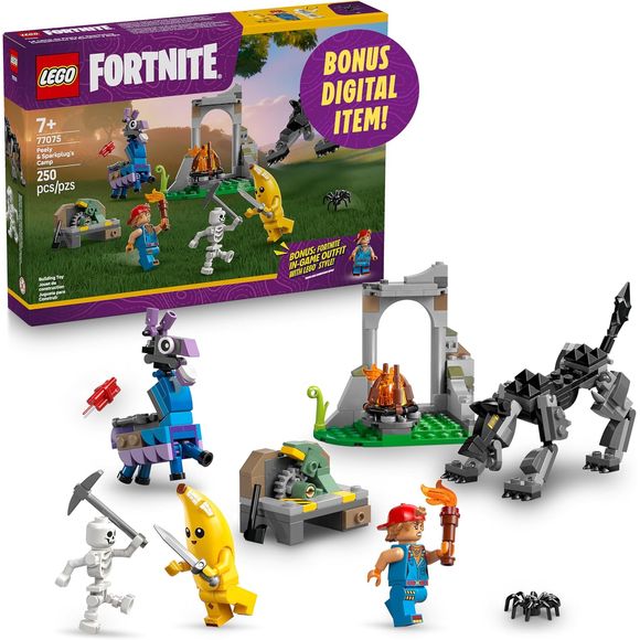 Drop into adventure! The LEGO Fortnite Peely & Sparkplug's Camp (77075) brings the wildly popular battle royale game to life for young gamers. Kids 7 and up can construct a detailed campsite from LEGO Fortnite Odyssey journey—including a campfire, workbench, and ruins that can be rearranged for endless creative play. The set includes beloved Fortnite characters Peely and Sparkplug and a skeleton—plus a Supply Llama figure and wolf with movable legs and tail. Young builders will love equipping their minifigu