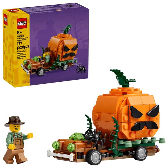 Delight LEGO® fans at Halloween with this buildable Jack-O’-Lantern Pickup Truck (40822) small kids’ toy. This Halloween craft playset features a pickup truck toy driven by a farmer minifigure character with a large scary pumpkin on the back. Open the pumpkin at the top to store another pumpkin head and a skull element inside. Boys and girls aged 8 and up can put the Halloween toy on display in any room or use it to play out haunted Halloween adventures. 177 pcs.
Age 8+