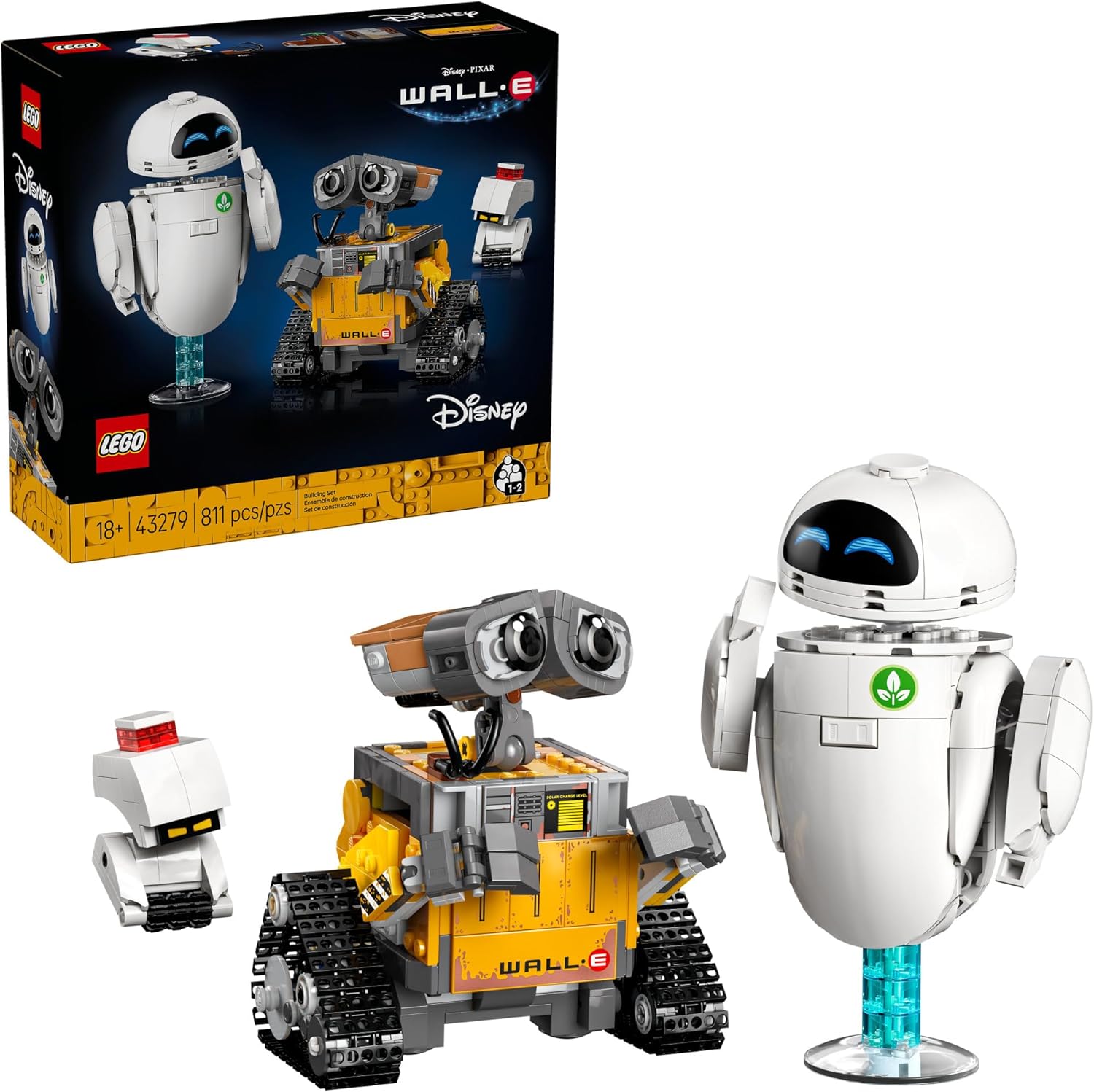 Embark on a hands-on adventure with the LEGO Disney and Pixar WALL-E and EVE (43279) building set for adults 18 years old and up. This detailed construction set provides builders with a relaxing, immersive challenge as they transform LEGO bricks into 4 iconic Disney and Pixar characters: WALL-E, EVE, M-O and Hal. Each character features poseable or moveable elements: WALL-E's tracks roll, M-O's brush spins and M-O, EVE and WALL-E have movable arms and heads. Fun movie details, including the plant in a boot,