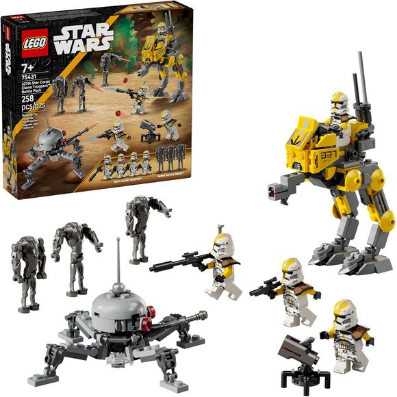 The LEGO Star Wars 327th Star Corps Clone Troopers Battle Pack (75431) building set puts kids 7 years old and up in command of Commander Bly's legendary yellow-striped Clone battalion! Young builders can assemble their own legion of Republic forces and help the Clone Troopers work together against the Super Battle Droids in exciting missions inspired by Star Wars: Revenge of the Sith. As they build, kids can discover cool tactical features, like the rugged AT-RT scout walker with posable legs and a mounted