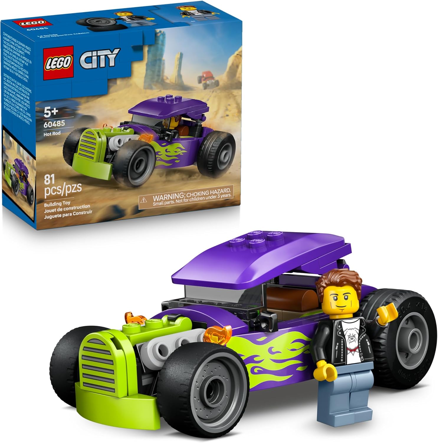 Young race car lovers can buckle up for high-speed drag racing action with the LEGO City Hot Rod (60485) building toy for kids ages 5 years old and up. This compact playset packs big thrills with detailed racing features including oversized rear tires, a driver cockpit with a lift-up roof, and a cool purple color scheme with neon green flames. Kids can place the driver minifigure in the car's cockpit and speed off on high-octane racing adventures. This toy car for kids can be combined with other sets in the