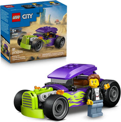 Young race car lovers can buckle up for high-speed drag racing action with the LEGO City Hot Rod (60485) building toy for kids ages 5 years old and up. This compact playset packs big thrills with detailed racing features including oversized rear tires, a driver cockpit with a lift-up roof, and a cool purple color scheme with neon green flames. Kids can place the driver minifigure in the car's cockpit and speed off on high-octane racing adventures. This toy car for kids can be combined with other sets in the