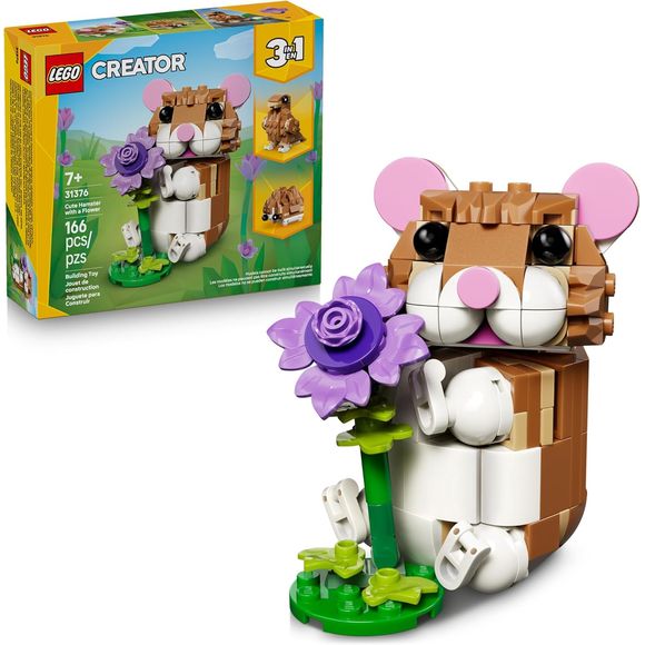 Animal-loving girls and boys ages 7 and up can play out fun stories with this LEGO® Creator 3 in 1 Cute Hamster with a Flower (31376) building toy. This adorable animal playset offers 3 different building options with the same set of bricks. Kids can choose to build a toy hamster with a posable head and front legs and a purple flower. They can also rebuild it into a hedgehog toy with a flower, or a posable eagle with its egg in a nest. Once the building and playtime fun is over, each model can be displayed