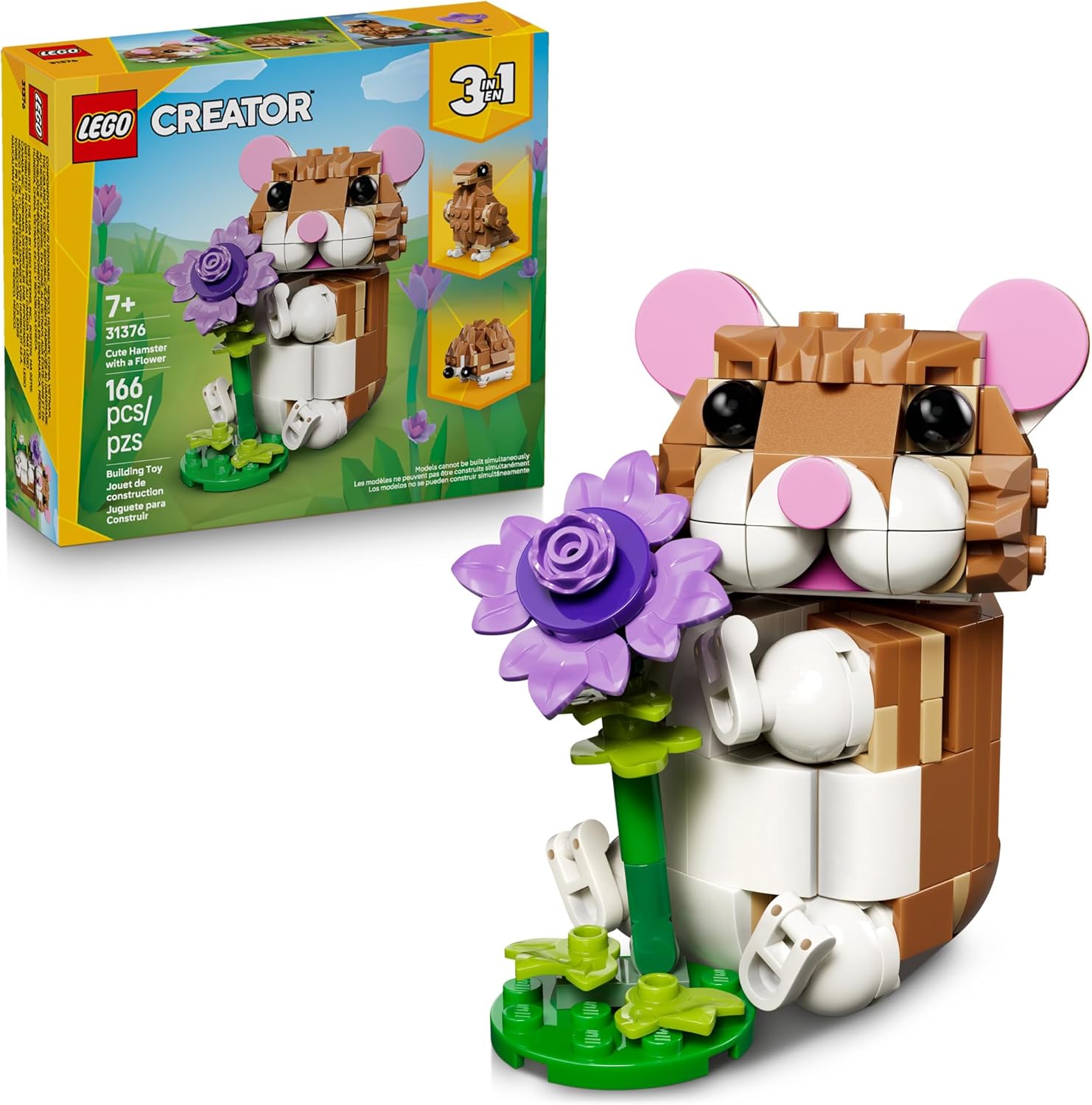 Animal-loving girls and boys ages 7 and up can play out fun stories with this LEGO® Creator 3 in 1 Cute Hamster with a Flower (31376) building toy. This adorable animal playset offers 3 different building options with the same set of bricks. Kids can choose to build a toy hamster with a posable head and front legs and a purple flower. They can also rebuild it into a hedgehog toy with a flower, or a posable eagle with its egg in a nest. Once the building and playtime fun is over, each model can be displayed