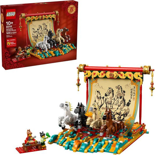 Welcome in the Year of the Horse with the Galloping Horse Canvas (80119) building toy for girls and boys ages 10 and up. This creative construction set celebrates the Chinese New Year (also known as the Lunar New Year) and Spring Festival traditions with the powerful symbolism of the horse, representing strength, vitality, and the swift arrival of good fortune in the new year. The set features a printed canvas backdrop with a brush painting—an ancient art form that captures movement and spirit with masterfu