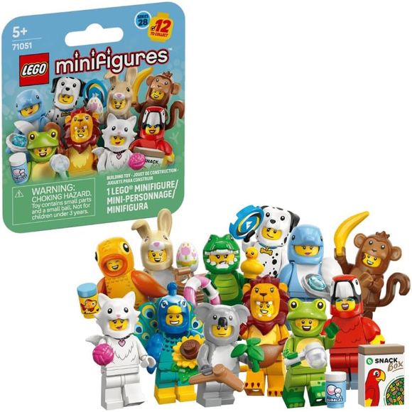 Kids aged 5 and up can enjoy 1 of 12 surprise LEGO minifigures from the LEGO Minifigures Animal Series 28 mystery boxes. Each box contains 1 unique character, with a total of 12 to collect, featuring toy figures dressed as parrot, lion, frog, crocodile, Dalmatian, goldfish, bunny, peacock, cat, koala, dolphin, and monkey. Each minifigure comes in a sealed box and includes at least 1 accessory. These detailed animal toys can be added to an existing collection, displayed, or used to create imaginative stories