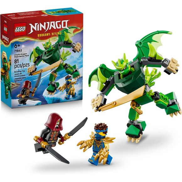 Recreate action-packed scenes from season 4 of the NINJAGO® Dragons Rising TV show with Lloyd’s Dragon Mech Battle Pack (71862), an epic action figure playset for boys and girls ages 6 and up. This building set features a battle dragon mech with posable arms, hands, legs, feet, wings and tail and an opening cockpit with room for a minifigure and a sword accessory. Equip the 3 minifigures with their weapon accessories and role-play epic good vs. evil battle: Lloyd with his golden sword, Jay with a set of cla
