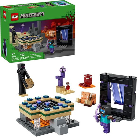 Transport young gaming fans straight to adventure with the Nether & End Portal Journey (21584) LEGO Minecraft building toy for boys and girls ages 7 years old and up. This LEGO Minecraft playset features an End portal and a Nether portal with functions to access small builds for each biome. Kids can explore a build from each biome and embark on portal-hopping missions with a Cool Hero minifigure, plus Enderman and a baby hoglin figures. Familiar scenes, characters, and authentic accessories, including an en