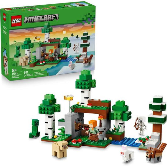 Embark on a First Night Adventure (21593) with this fun-packed LEGO® Minecraft® building toy for boys and girls ages 8 years old and up. Kids join Alex, a skeleton, Creeper™, woods wolf, cold pig, albino rabbit and a bee for Minecraft action as they gather supplies, build a shelter and battle hostile mobs. Trees in the birch forest and snowy taiga biomes provide resources for kids to build a shelter. An explosion function blasts the shelter to pieces when the Creeper gets too close – just like in the video