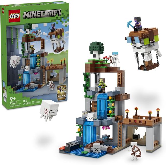 Splash down the waterfall into a LEGO® Minecraft® cave with the Ghast Station (21597) building set, a great gift idea for boys and girls ages 9 and up. Kids join 2 skeletons, a dried ghast, hydrated ghast, ghastling, happy ghast, ghast keeper and an aeronaut as they mine, battle, build and fly. Recreate the entire ghastling evolution in LEGO form, from dried ghastling to adult happy ghast, who can be given an aviator helmet and boat to craft a ghast blimp. Authentic accessories from the game include coal, i