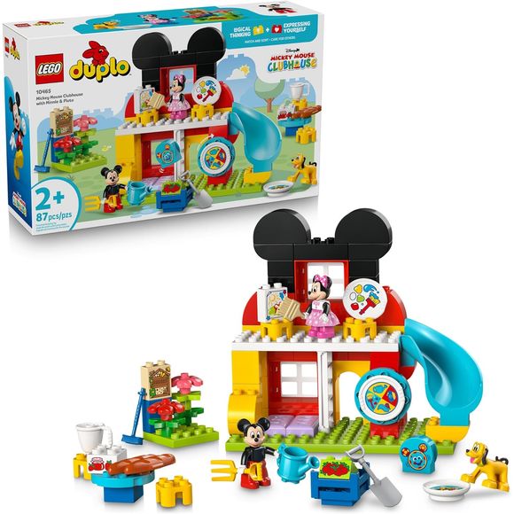 Bring Disney magic to playtime with the Mickey Mouse Clubhouse with Minnie & Pluto (10465) building toy for toddlers ages 2 years old and up. This set of building blocks features a 2-level clubhouse with a slide, an art room, a garden with a bug hotel, tables and chairs and a special door for Pluto. The construction playset includes LEGO DUPLO figures of Mickey Mouse, Minnie Mouse and Pluto, as well as a Toodles the computer decorated brick. Toddlers can spin the Mousekedoer to decide if the characters shou
