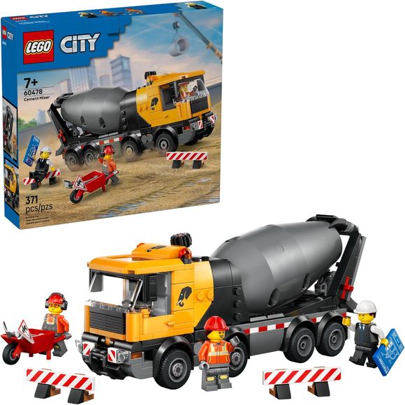 Kids can mix, pour and build with the LEGO City Cement Mixer (60478) truck toy for boys and girls ages 7 years old and up! This detailed concrete mixer truck with 8 rubber tires features a large drum with an Archimedes' screw system. Young builders can turn a dial to mix and dispense the LEGO cement down the adjustable chute. This big toy truck also features a driver's cab that tilts to allow access to the engine. Fun accessories, like a wheelbarrow, a road sign and 2 barriers, plus driver, construction wor