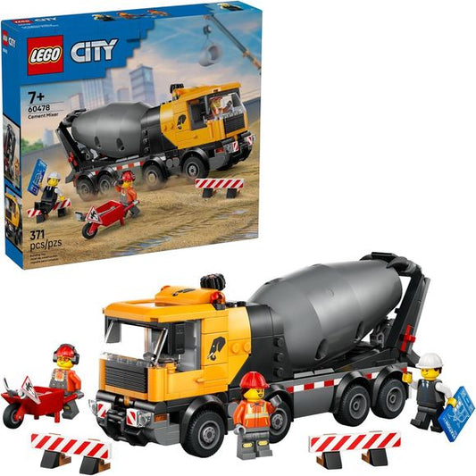 Kids can mix, pour and build with the LEGO City Cement Mixer (60478) truck toy for boys and girls ages 7 years old and up! This detailed concrete mixer truck with 8 rubber tires features a large drum with an Archimedes' screw system. Young builders can turn a dial to mix and dispense the LEGO cement down the adjustable chute. This big toy truck also features a driver's cab that tilts to allow access to the engine. Fun accessories, like a wheelbarrow, a road sign and 2 barriers, plus driver, construction wor