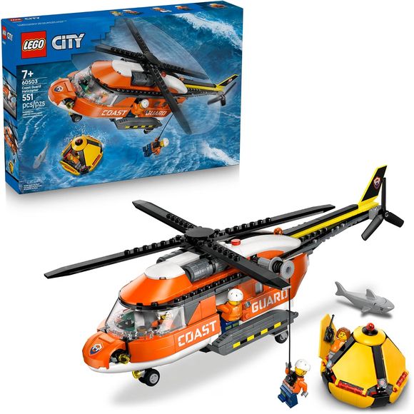 This LEGO® City Coast Guard Helicopter toy building set (60503) is packed with authentic details for fans of pretend play and emergency vehicle toys. The impressive red helicopter model features spinnable rotors, sliding side doors, a fold-down rear ramp and a detailed cockpit and fuselage. Kids can lower a crew member with the helicopter winch and the set also includes a rescue capsule that folds open for access to its interior. Just add the pilot, civilian, 2 coast guards and shark for hours of imaginativ