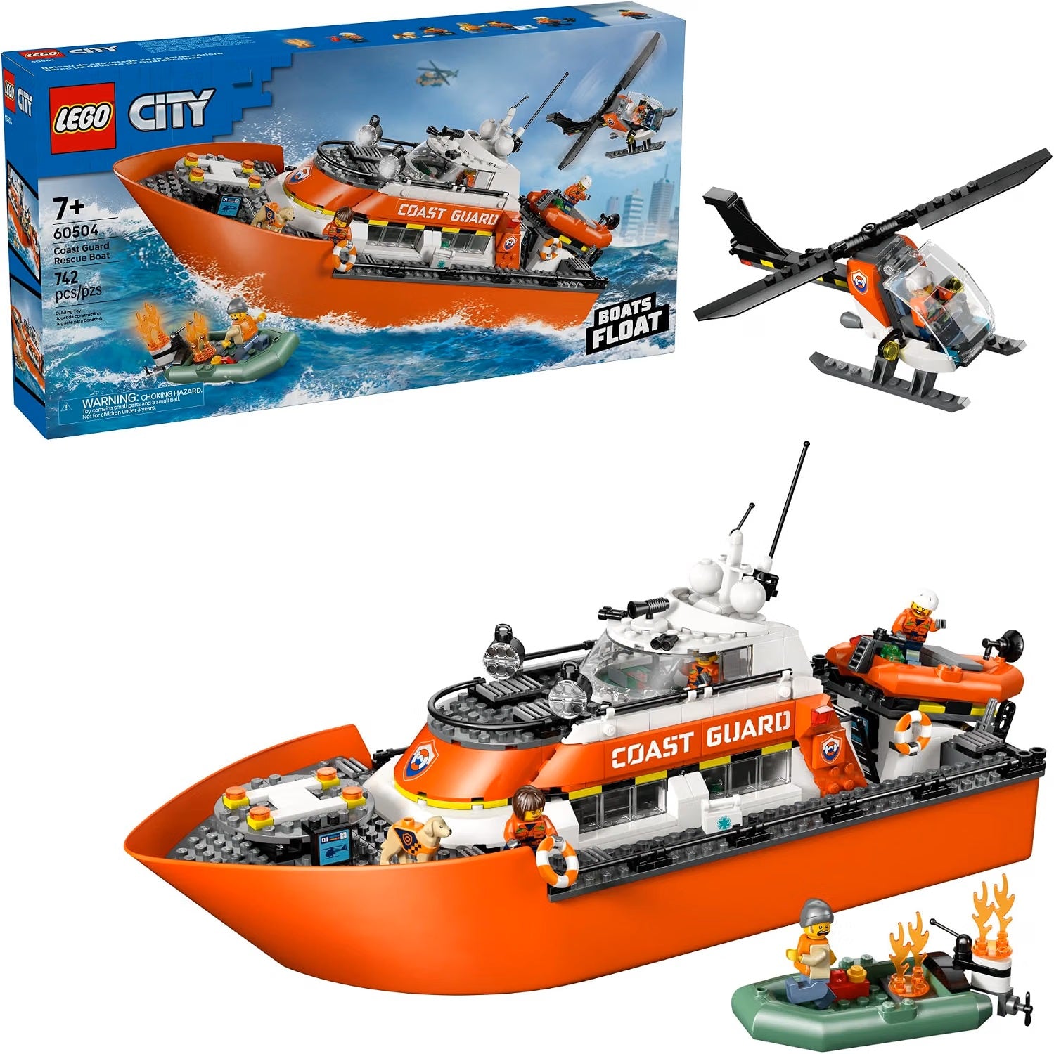 Kids ages 7+ can set out on ocean adventures with the LEGO® City Coast Guard Rescue Boat & Helicopter (60504) pretend play toy. This feature-packed floating boat with removable deck layers allows easy access for play in the ship’s control bridge, sleeping quarters and kitchen. Kids can deploy a rescue dinghy from the launch ramp or take to the skies from the onboard helipad in a cool helicopter. The set also includes a second dinghy, LEGO flames, 5 minifigures and a dog figure for imaginative play and story