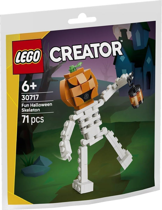 Treat LEGO® fans ages 6 and up to some scary Halloween fun with a skeleton figure holding a lantern, with a pumpkin head and posable arms and legs.