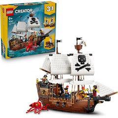 Play out swashbuckling adventures with this LEGO® Creator 3 in 1 Iconic Pirate Ship (31387) building toy for boys and girls ages 9 and up. This set is packed with plenty of features and offers 3 building options with the same bricks. Kids can create a large vessel featuring a moving anchor, posable sails, 2 cannons to fight off a sea monster with posable tentacles, a cabin with a desk and chair, a moving ship’s wheel, a secret compartment with a treasure chest and a crow’s nest. Remove a section of deck to