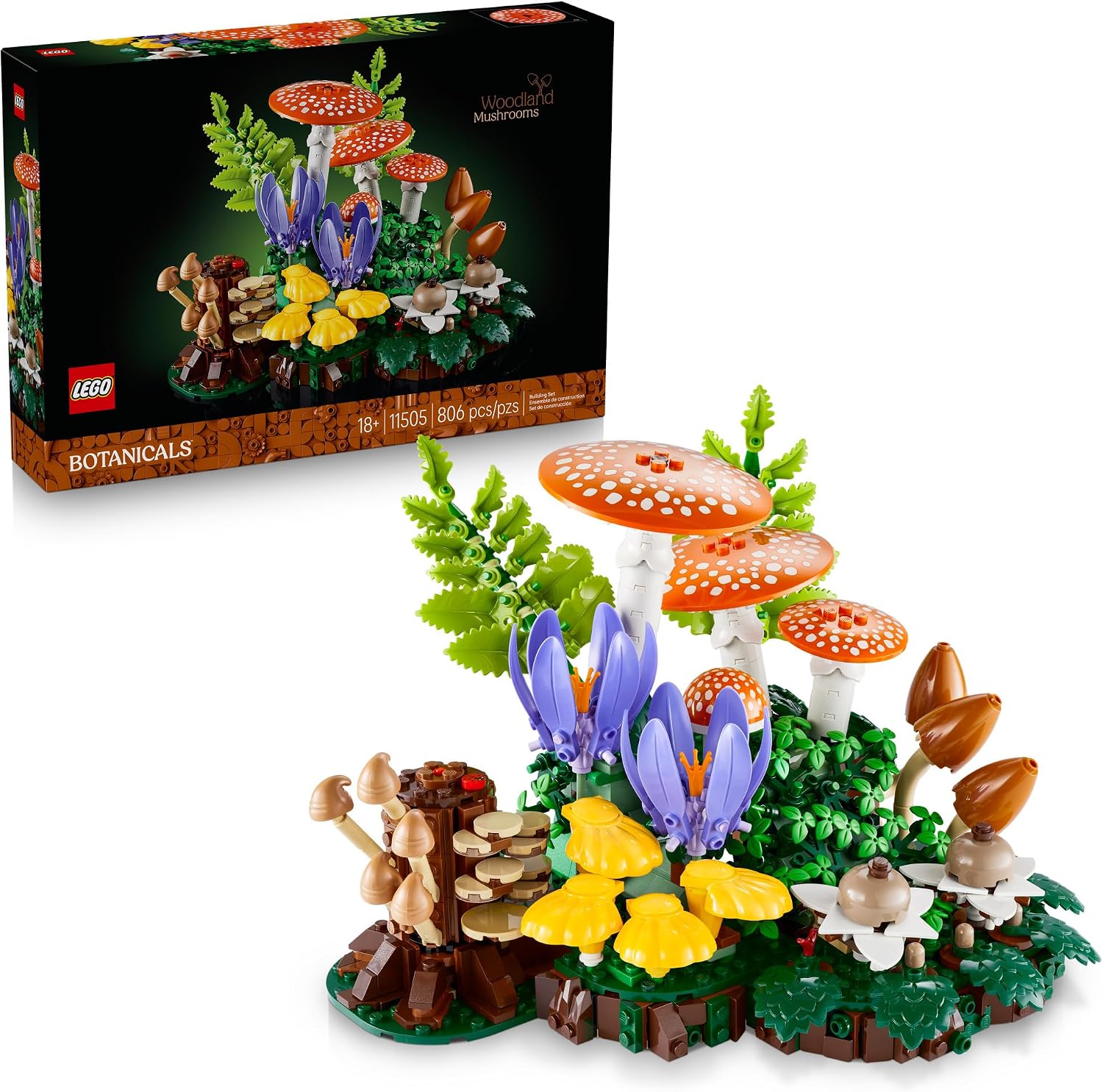 Venture into the forest depths and let creativity grow with this whimsical LEGO® Botanicals Woodland Mushrooms (11505) building set for adults. Immerse yourself in nature as you craft this highly detailed woodland scene display model. It’s sprouting with authentic details and colors, and you’ll discover multiple fly agarics – spotted red “toadstool” mushrooms – at the center, surrounded by fiber cap, earthstar, chanterelle, bonnet and oyster mushrooms. 2 purple autumn crocuses and vibrant green bracken fron