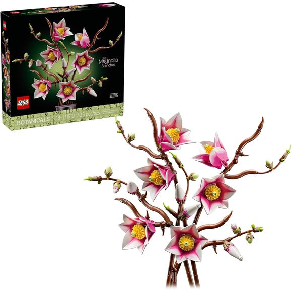 Immerse yourself in nature and create beautiful flower decor with this LEGO Botanicals Magnolia Branches (11510) building set for adults ages 18 and up. Relax as you craft the floral display, which includes 5 highly detailed magnolia branches. This is one of the only LEGO Botanicals sets to include branches, and the magnolia petals feature 2 shades of color for added realism. There are also lots of fun details to discover, including cupcake pieces for the flower carpels, brown frogs as wood knots, egg piece