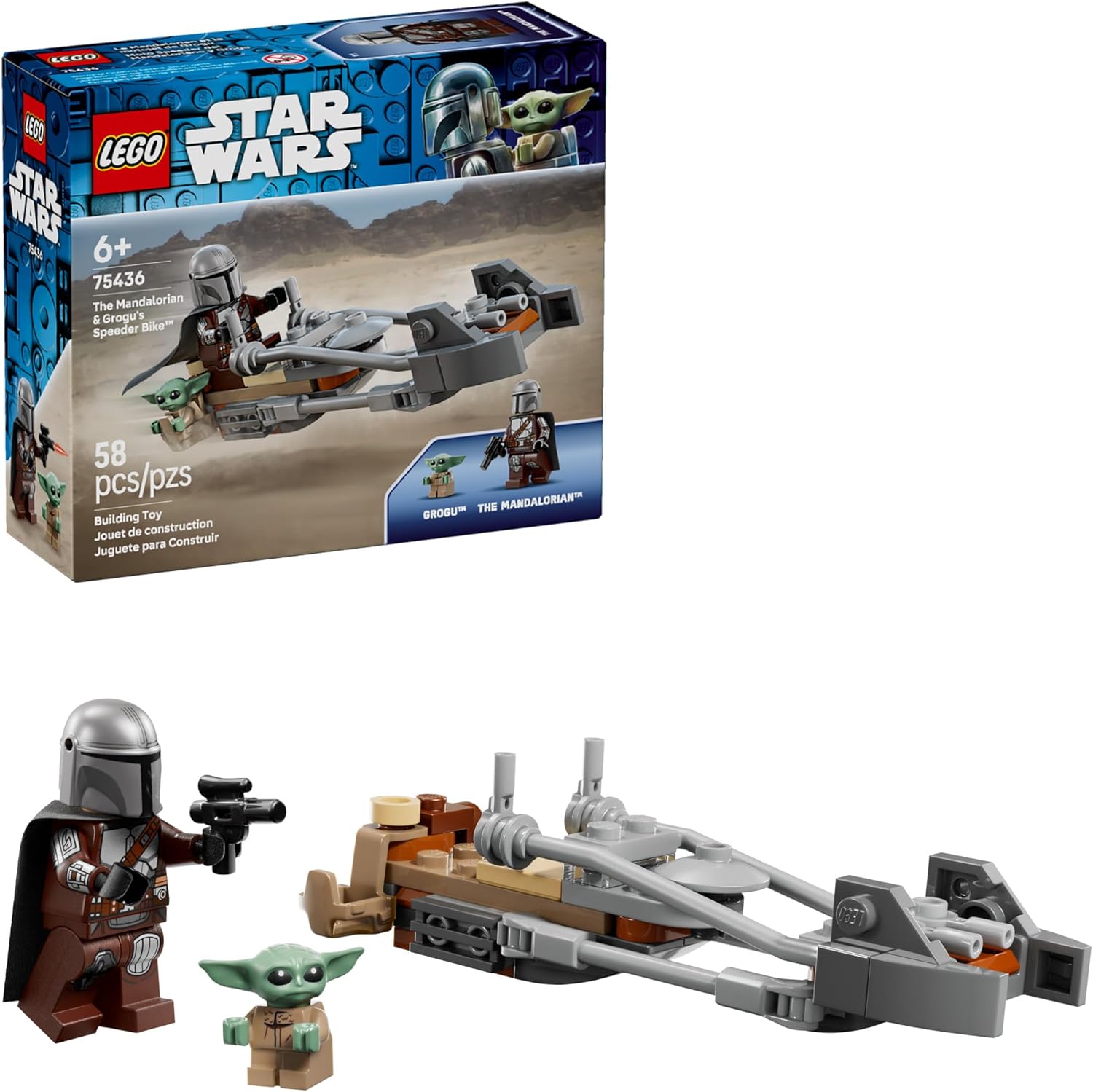 Kids speed across Tatooine with the LEGO Star Wars The Mandalorian & Grogu's Speeder Bike (75436) building toy for boys and girls ages 6 years old and up. This building set lets kids construct the iconic speeder bike from Star Wars: The Mandalorian Season 1, designed for quick building so the action starts fast. Once their speeder is constructed, builders can place The Mandalorian minifigure in the driver's seat with the Grogu figure alongside in the attached satchel, then clip The Mandalorian's blaster rif