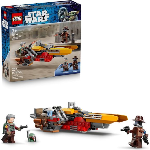 Kids race into battle with the LEGO Star Wars Cobb Vanth's Speeder (75437) building toy for boys and girls ages 7 years old and up. This building set lets kids construct Cobb Vanth's iconic speeder from Star Wars: The Mandalorian Season 2, featuring a driver's seat, adjustable steering vanes, a clip for his pistol and a hidden compartment to stow Boba Fett's helmet and a bantha milk carton. Once their speeder is constructed, builders can equip Cobb Vanth with his blaster pistol, jetpack and Boba Fett's armo
