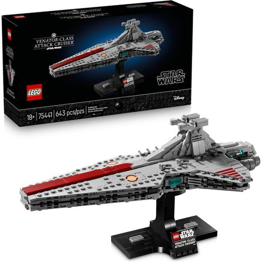 Recreate the Battle of Coruscant with the LEGO Star Wars Venator-Class Attack Cruiser (75441) building set for adults. This detailed model kit lets fans recreate the distinctive silhouette and authentic details of one of the most versatile starships in the Galactic Republic's fleet. Once their model is constructed, builders can display their creation on the included stand with a nameplate and lift off the top section to reveal the hangar bay, making an eye-catching addition to any home office, bedroom or bo