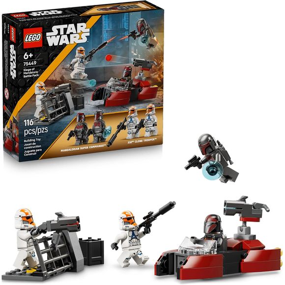 Treat kids to an awesome Battle Pack (75449) to play out their own version of the Siege of Mandalore from Star Wars: The Clone Wars™. This toy building set features 4 LEGO® Star Wars™ minifigures – 2 Mandalorian Super Commandos and 2 Ahsoka versions of 332nd Clone Troopers, a Mandalorian speeder, the Clone Troopers’ barricade and lots of accessories for action-packed play. Activate the speeder’s stud-shooting blaster and fire back with the stud shooter mounted on the barricade. Strap on the Commandos’ jetpa