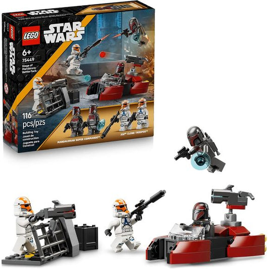 Treat kids to an awesome Battle Pack (75449) to play out their own version of the Siege of Mandalore from Star Wars: The Clone Wars™. This toy building set features 4 LEGO® Star Wars™ minifigures – 2 Mandalorian Super Commandos and 2 Ahsoka versions of 332nd Clone Troopers, a Mandalorian speeder, the Clone Troopers’ barricade and lots of accessories for action-packed play. Activate the speeder’s stud-shooting blaster and fire back with the stud shooter mounted on the barricade. Strap on the Commandos’ jetpa