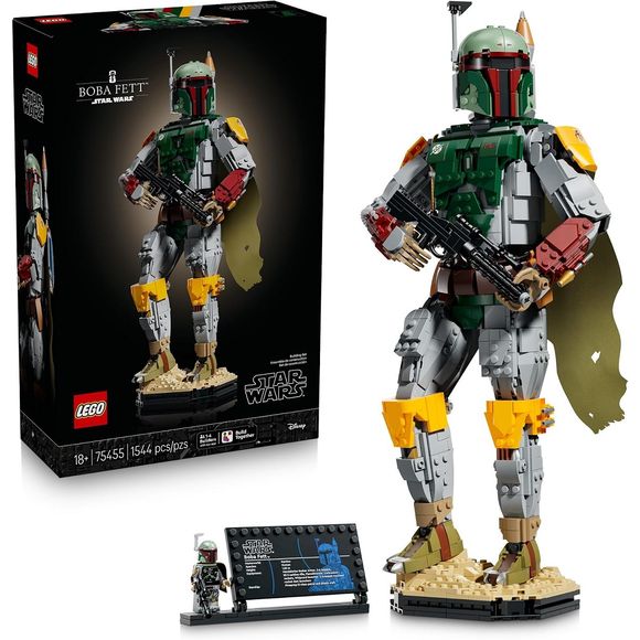 “He’s worth a lot to me.” Pay homage to the supercool bounty hunter and enjoy a relaxing activity while immersing yourself in the challenge of building this LEGO® Star Wars™ collectible figure (75455). Recreate the armored outfit he wore in Star Wars: Return of the Jedi™, with his signature helmet, jetpack and a fabric cape. Construct a blaster for him to hold and adjust his head, arms and hands for different battle poses. He stands on a base representing the sands of the desert planet Tatooine. Place this