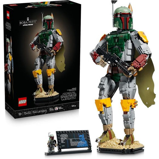 “He’s worth a lot to me.” Pay homage to the supercool bounty hunter and enjoy a relaxing activity while immersing yourself in the challenge of building this LEGO® Star Wars™ collectible figure (75455). Recreate the armored outfit he wore in Star Wars: Return of the Jedi™, with his signature helmet, jetpack and a fabric cape. Construct a blaster for him to hold and adjust his head, arms and hands for different battle poses. He stands on a base representing the sands of the desert planet Tatooine. Place this