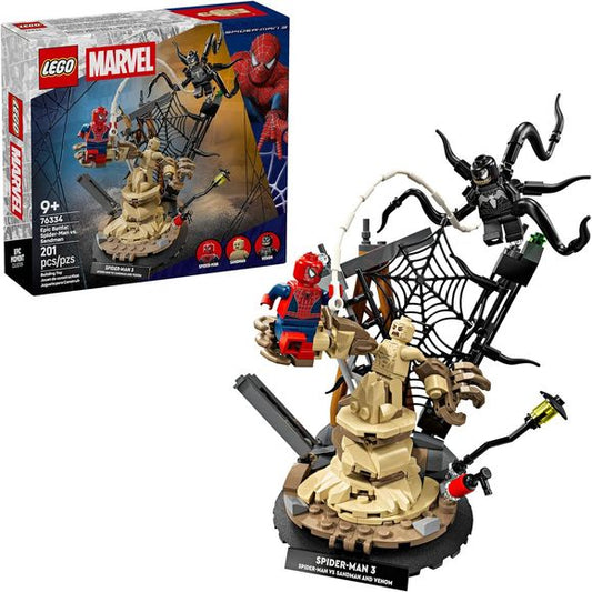 Bring Marvel Studios’ Spider-Man 3 movie to life with the LEGO® ǀ Marvel Epic Battle: Spider-Man vs. Sandman (76334) building set for kids, boys and girls ages 9 and up. It features 3 iconic minifigures – Spider-Man, Venom and Sandman – in epic role-play adventures and mega display possibilities. The buildable set comes with a stellar cast of characters from the movie and lots of interactive elements: Spider-Man swings down from a tower on a web rope; Sandman rises from the rubble with a supersized arm; and