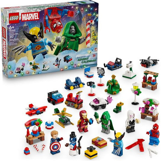 Give kids a Super Hero start to the holiday season with the LEGO® ǀ Marvel Advent Calendar 2026 (76340), 24 days of Christmas gifts for boys and girls ages 6 years old and up. Includes lots of small building toys, plus 6 LEGO ǀ Marvel minifigures with festive accessories.
Behind each door is a gift for kids to uncover, including Captain America with a candy cane and shield, Iron Man's present-wrapping robot, a Captain America-themed airplane, Captain America-themed photo booth, Dr. Doom-themed stall selling