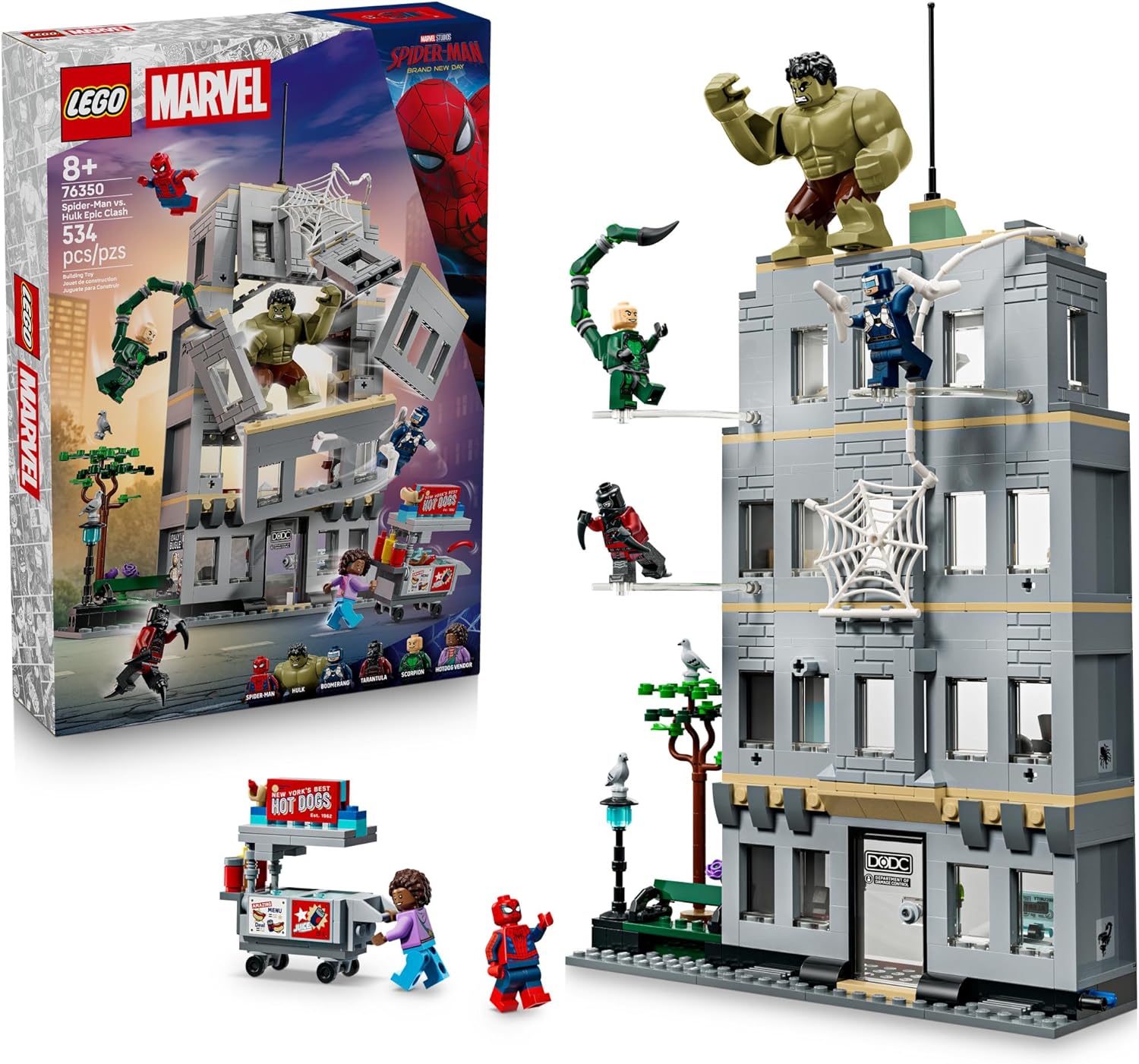 Swing into Spider-Man: Brand New Day movie action with this Spider-Man vs. Hulk Epic Clash (76350) building toy, a great gift for boys and girls ages 8 years old and up. Kids can play out endless explosive adventures with a cast of LEGO® ǀ Marvel characters including Spider-Man, Tarantula, Scorpion, Boomerang and Hotdog Vendor minifigures, plus a large Hulk figure. Transparent posing sticks attach to the office building walls to enable midair action. Pushing a trigger at the rear causes the front wall to bl