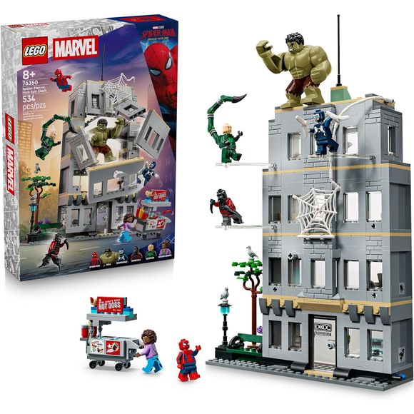 Swing into Spider-Man: Brand New Day movie action with this Spider-Man vs. Hulk Epic Clash (76350) building toy, a great gift for boys and girls ages 8 years old and up. Kids can play out endless explosive adventures with a cast of LEGO® ǀ Marvel characters including Spider-Man, Tarantula, Scorpion, Boomerang and Hotdog Vendor minifigures, plus a large Hulk figure. Transparent posing sticks attach to the office building walls to enable midair action. Pushing a trigger at the rear causes the front wall to bl