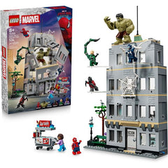Swing into Spider-Man: Brand New Day movie action with this Spider-Man vs. Hulk Epic Clash (76350) building toy, a great gift for boys and girls ages 8 years old and up. Kids can play out endless explosive adventures with a cast of LEGO® ǀ Marvel characters including Spider-Man, Tarantula, Scorpion, Boomerang and Hotdog Vendor minifigures, plus a large Hulk figure. Transparent posing sticks attach to the office building walls to enable midair action. Pushing a trigger at the rear causes the front wall to bl