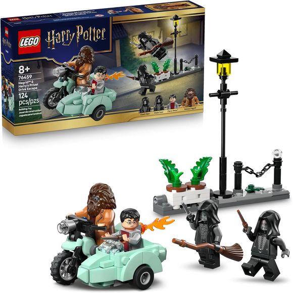Kids help Harry and Hagrid dash away from the Death Eaters with the LEGO Harry Potter Hagrid & Harry’s Privet Drive Escape (76459) building toy for boys and girls ages 8 years old and up. This magical building set features the first minifigure-scale LEGO model of Hagrid’s flying motorcycle, 4 LEGO Harry Potter minifigures and a Privet Drive mini build scene to inspire creative play. Builders can place the Hagrid minifigure on the motorcycle, put Harry Potter in the sidecar, and pose the 2 Death Eater minifi