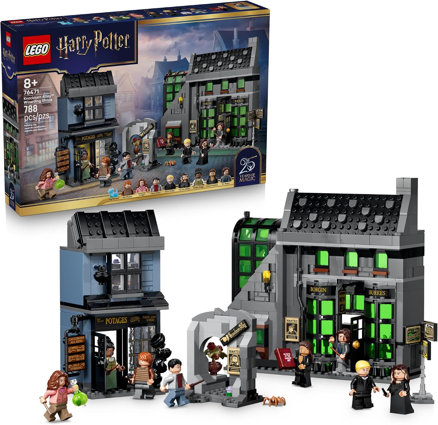 Play out spellbinding adventures in Knockturn Alley™ Wizarding Shops (76471) with this LEGO® Harry Potter™ building set for kids. Find enchanting artifacts inside Borgin and Burkes, including a Vanishing Cabinet and cursed Opal Necklace. Access the shop through the Floo Network and activate the grabbing Hand of Glory, as seen in Harry Potter and the Chamber of Secrets™. Discover cauldrons of all sizes in Potage’s Cauldron Shop, including a ‘self-stirring’ magic cauldron. The 2 shops can be connected to each