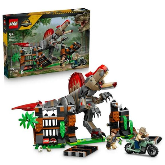 Heart-pounding adventures are waiting inside this Spinosaurus Dinosaur Escape (77982) LEGO® Jurassic World toy. Dinosaur lovers can assemble the model kit, then dive into an action-packed escape scene. Kids can use the brick-built Spinosaurus figure, with opening jaw, movable head, arms, legs and tail, to attack the enclosure wall and gate to get to its egg. Can they reach the hidden phone? The motorcycle may give the LEGO minifigures just the chance they need to escape. Between playtimes, display the prehi