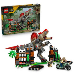Heart-pounding adventures are waiting inside this Spinosaurus Dinosaur Escape (77982) LEGO® Jurassic World toy. Dinosaur lovers can assemble the model kit, then dive into an action-packed escape scene. Kids can use the brick-built Spinosaurus figure, with opening jaw, movable head, arms, legs and tail, to attack the enclosure wall and gate to get to its egg. Can they reach the hidden phone? The motorcycle may give the LEGO minifigures just the chance they need to escape. Between playtimes, display the prehi