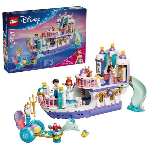 Make a splash with this Disney’s The Little Mermaid building toy from the LEGO® ǀ Disney Princess collection. Young fans ages 6 and up can create Ariel’s Royal Wedding Boat (43299) and play out endless creative stories. Explore details and accessories inspired by the movie, including a dance floor, an opening upper deck with Vanessa’s mirror (and Ursula’s reflection!), a bedroom with treasure storage, a slide on the upper deck and a small dolphin chariot. Kids can recreate movie scenes or tell their own sto