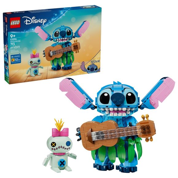 Create fun memories alongside the whole family with this Stitch & Scrump (43296) LEGO® | Disney building set for fans ages 9 years old and up. Inspired by the Disney Lilo & Stitch movies, this brick-built playset makes a decorative display with 2 LEGO | Disney characters: a larger Stitch model, and a smaller Scrump toy in the style of a plushie. Fun details are included to spark creative storytelling, with a ukelele that kids can place in Stitch’s hands and a grass skirt to attach around his waist. Once pla