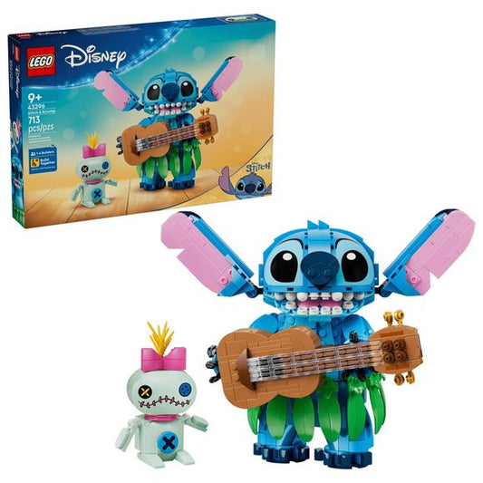 Create fun memories alongside the whole family with this Stitch & Scrump (43296) LEGO® | Disney building set for fans ages 9 years old and up. Inspired by the Disney Lilo & Stitch movies, this brick-built playset makes a decorative display with 2 LEGO | Disney characters: a larger Stitch model, and a smaller Scrump toy in the style of a plushie. Fun details are included to spark creative storytelling, with a ukelele that kids can place in Stitch’s hands and a grass skirt to attach around his waist. Once pla