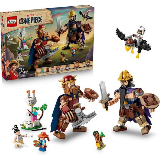 Leap into a larger-than-life clash between the lovable giants from Netflix’s ONE PIECE live action show with the Dorry vs. Brogy – Giants of Little Garden (75644) building toy. Kids can clash with the fully jointed Dorry and Brogy giants; fly on a Miss Friday vulture figure with a Mr. 13 minifigure; and leap into action with Zoro, Usopp, Mr. 3 and Miss Goldenweek minifigures. This action-packed building set makes an epic gift for boys and girls ages 9 years old and up. Dorry and Brogy have fabric capes, art