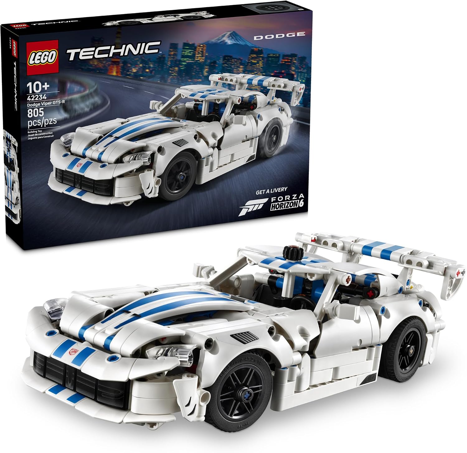 Ignite fast action play with this LEGO® Technic™ Dodge Viper GTS-R Sports Car (42234) building set. Kids ages 10 years up can have fun assembling the model, then put their racing car to the test. Explore realistic features like the V10 engine with moving pistons, the eye-catching spoiler, differential and opening hood and doors. Unlock a special LEGO Technic livery in the Forza Horizon 6 video game using the instructions provided inside the box. Please note, a copy of the game is needed. Terms and condition
