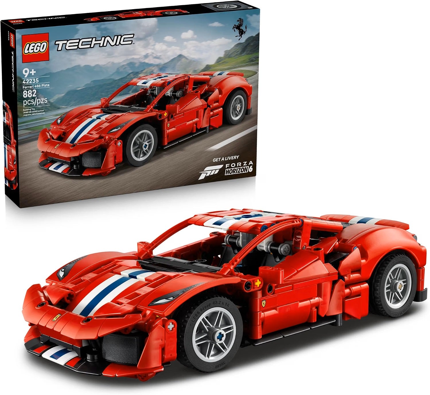 Fuel next-level fun with this LEGO® Technic™ Ferrari 488 PISTA Car (42235) model kit for kids. Boys and girls ages 9+ are transported to the world of elite vehicles as they assemble the authentic features. See how the differential powers the V8 engine. Admire the moving pistons. Check out the steering using the knob on top, then open the hood and doors to peek inside. Unlock a special LEGO Technic livery in the Forza Horizon 6 video game using the instructions provided inside the box. Please note, a copy of