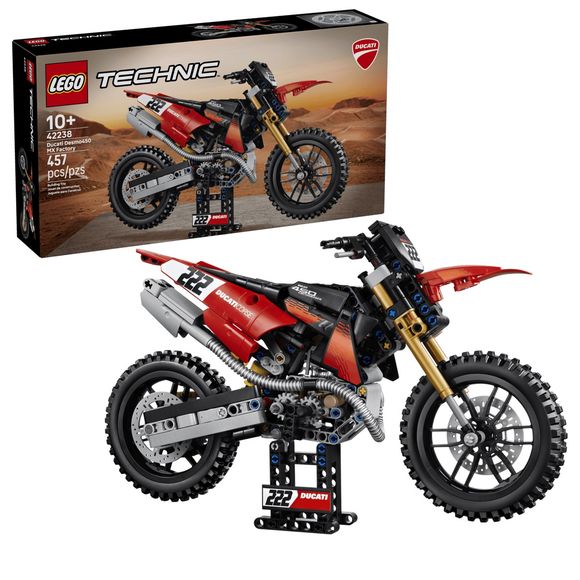 Fuel up for epic playtimes with the LEGO® Technic™ Ducati Desmo450 MX Factory Motorcycle (42238) building toy. This set for boys and girls ages 10 years and up blends Ducati’s iconic style with impressive details, creating an action-packed model for kids to explore. Use the large handlebars to steer, check out the cylinder engine that’s driven by the chain from the rear axle, and test out the front and rear suspension. After crossing the finish line, proudly display the Ducati model until it’s time to race
