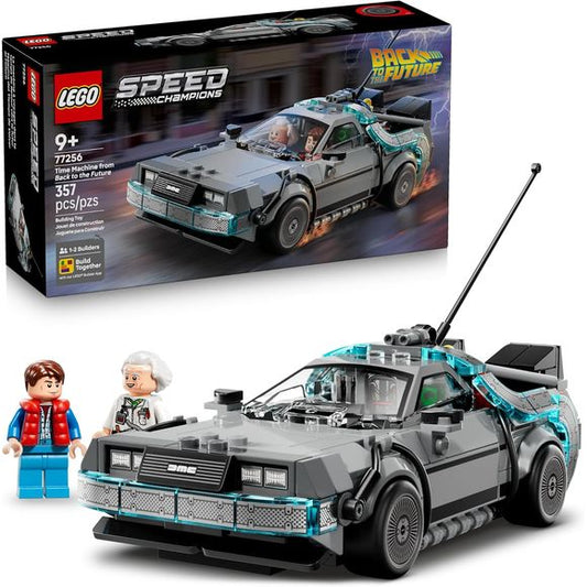 LEGO® Speed Champions Time Machine from Back to the Future (77256) model car kit lets kids ages 9 and up build, display and recreate action from the iconic movie franchise. This brick-built toy car includes many of the famous details from the model seen in the popular movies. Build this iconic car with a lightning rod and California license plate from the first movie before rebuilding it into its flying version from the second movie with Mr. Fusion, an orange license plate and sideways wheels. Both versions